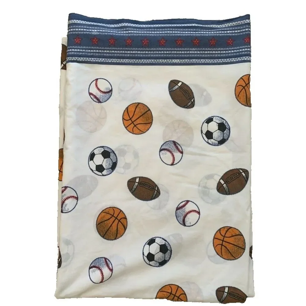 Vintage Sports Themed Twin Flat Sheet 2 Pillowcases Football Soccer Basketball